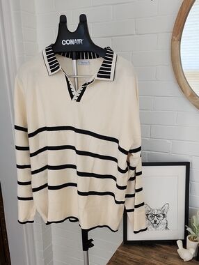 Cream & Black Striped Knit Sweater, 2X